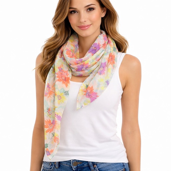 Accessories - Lightweight Floral Scarf Pastel Multicolor Sheer
